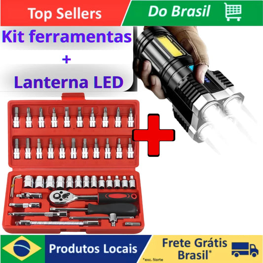 Kit de estojo de ferramentas 46 peças Chave de trava + Lanterna de Led