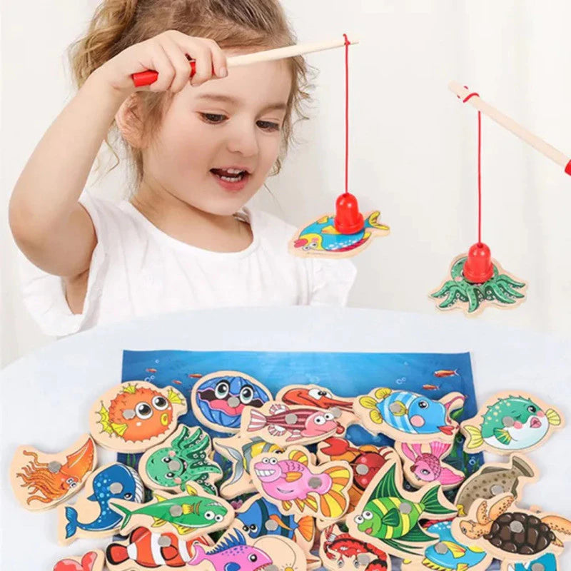 15/31PCs Jogo de Pesca Magnético de Madeira para Crianças, Brinquedos Montessori